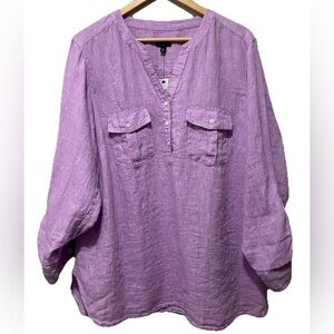 Talbots 100% Linen Popover Top 2X Purple Split Neck Button Front NWT